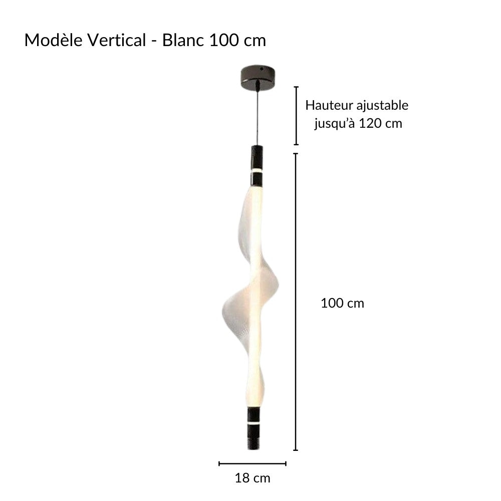 Schéma technique et cotes de dimensions d'une suspension LED verticale blanche.