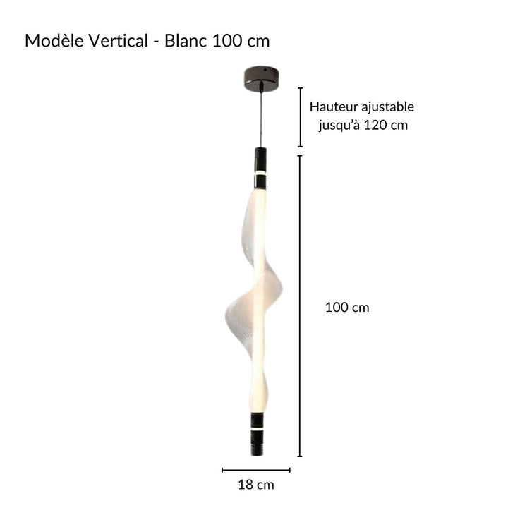 Schéma technique et cotes de dimensions d'une suspension LED verticale blanche.