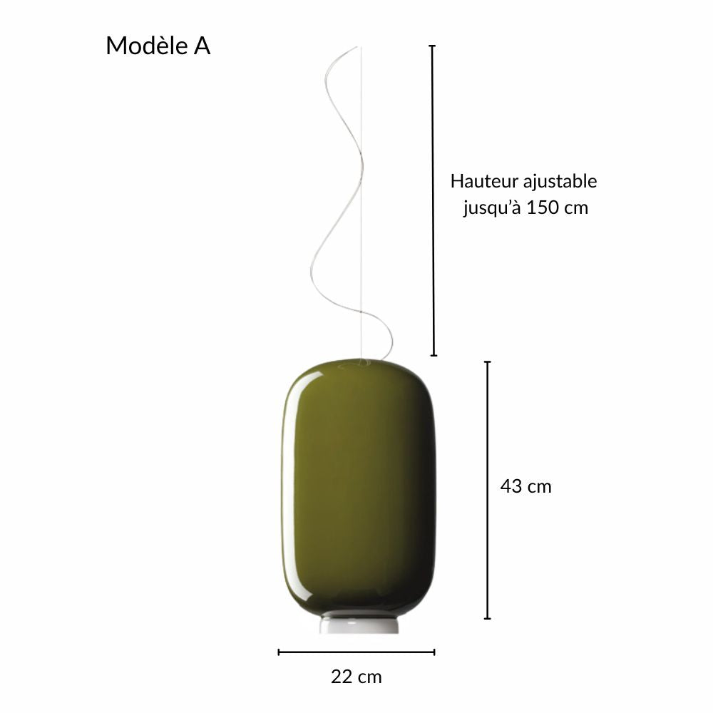 Schéma des dimensions et caractéristiques du modèle A de la suspension Monolithe Space Age laquée kaki.