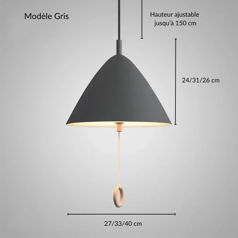 Fiche technique et dimensions de la suspension LED gris anthracite.