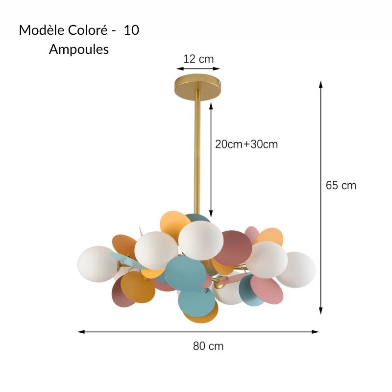 Schéma des mesures pour le luminaire multicolore à pétales à 10 sources lumineuses, largeur 80 cm