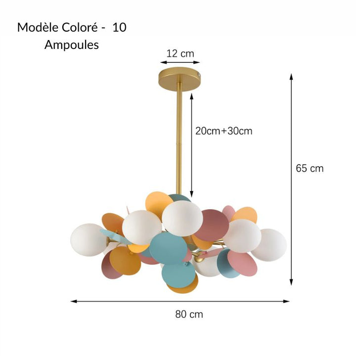 Schéma des mesures pour le luminaire multicolore à pétales à 10 sources lumineuses, largeur 80 cm