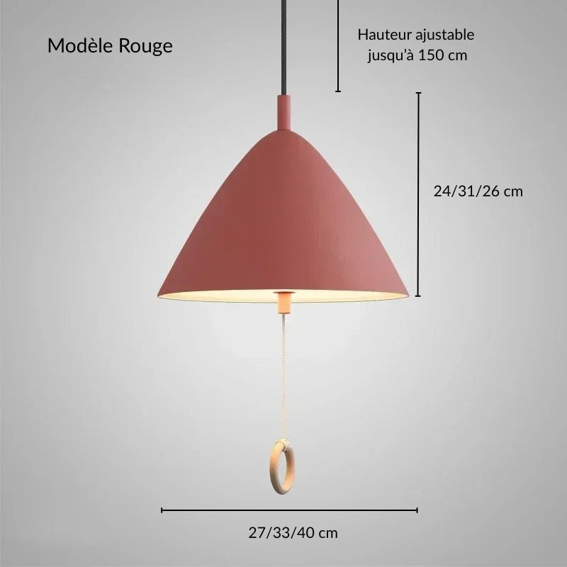 Schéma avec mesures de la suspension LED rose poudré et tirette en bois.
