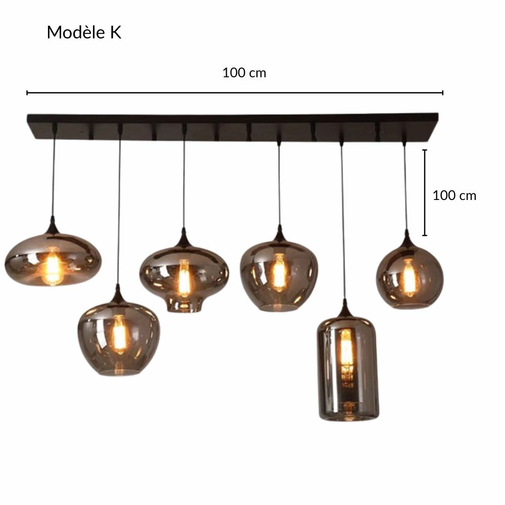 Schéma technique d'une suspension multi-lampes en verre fumé avec dimensions et agencement.