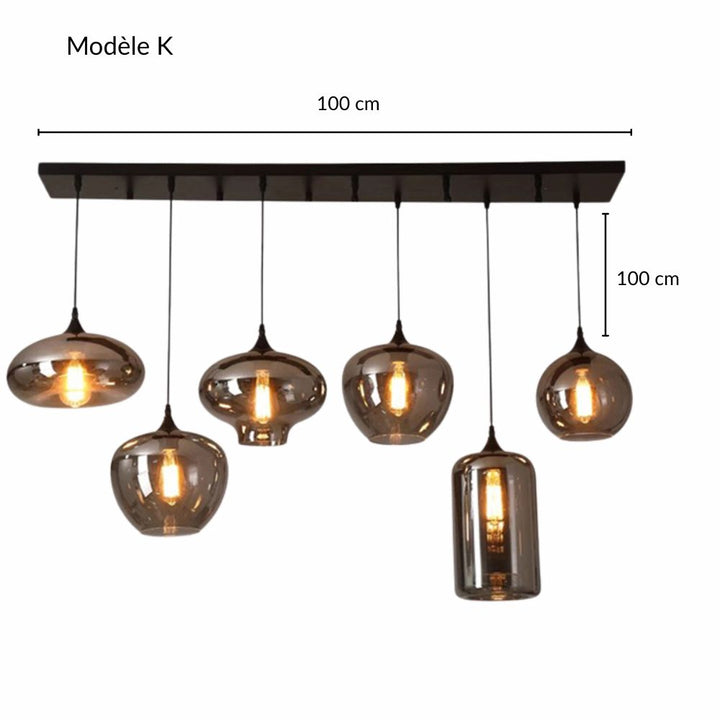 Schéma technique d'une suspension multi-lampes en verre fumé avec dimensions et agencement.