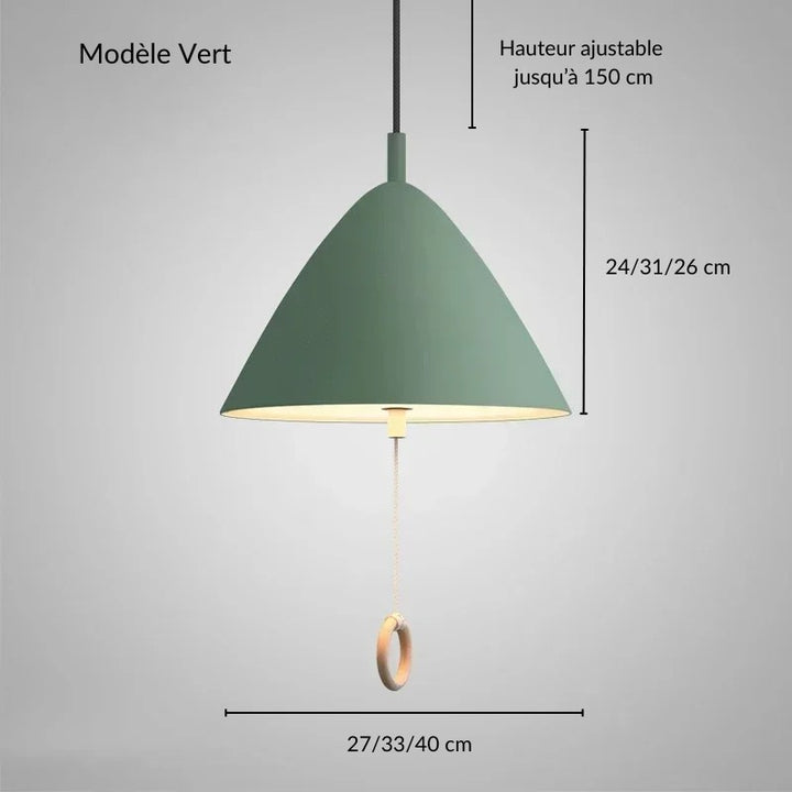 Plan coté et dimensions de la suspension LED vert sauge avec tirette.
