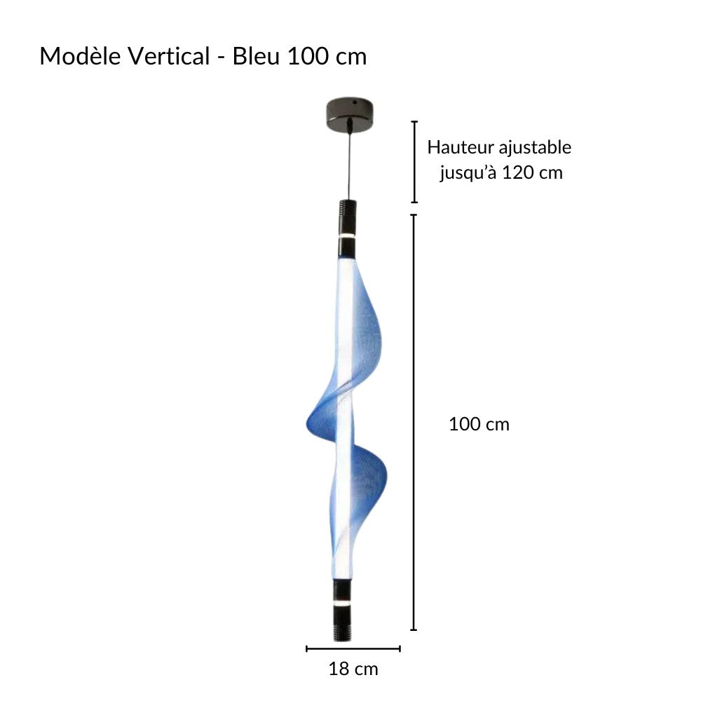 Spécifications et mesures d'une suspension LED verticale à ondulation design.