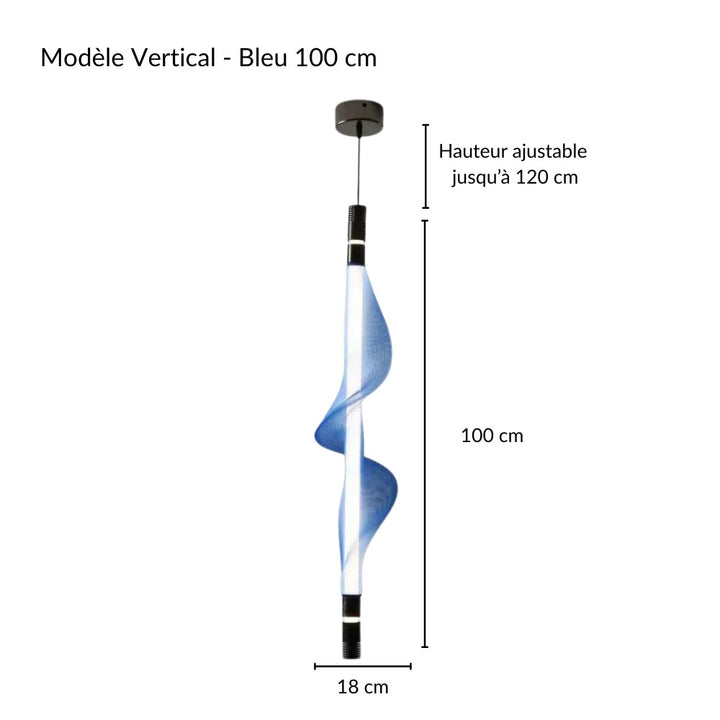 Spécifications et mesures d'une suspension LED verticale à ondulation design.