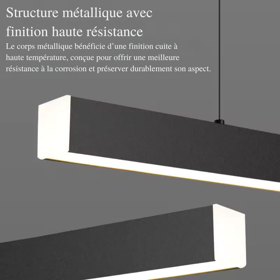 Détail de la structure métallique noire d’une suspension LED minimaliste à double barre au design contemporain