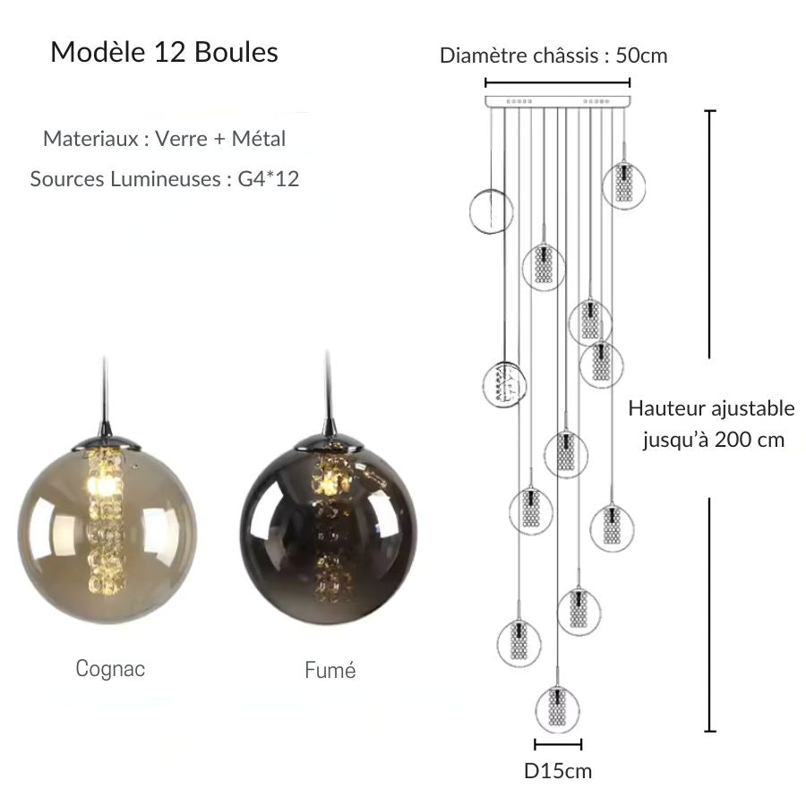 Suspension 12 boules en verre fumé ou cognac formant une élégante cascade lumineuse verticale