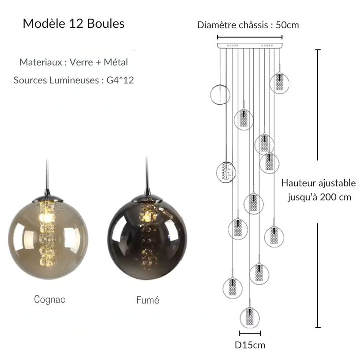 Suspension 12 boules en verre fumé ou cognac formant une élégante cascade lumineuse verticale