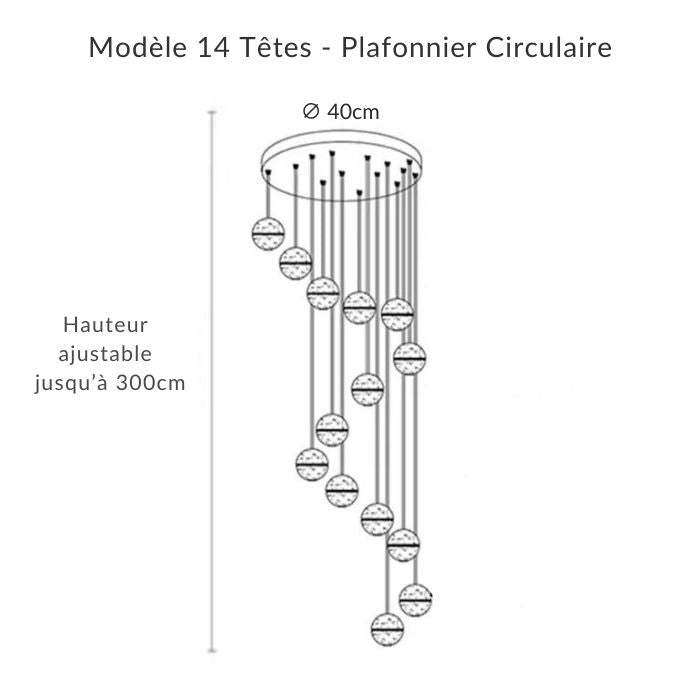 Suspension 14 têtes circulaire Ø 40 cm, verre bullé, allure sculpturale pour vide sur séjour.