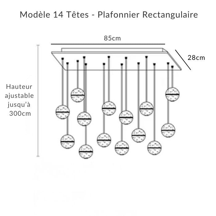 Suspension 14 têtes 85 × 28 cm, globes en verre bullé, effet cascade chic pour escalier ou entrée.