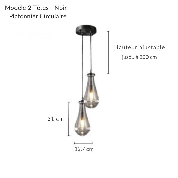 Suspension design composée de deux gouttes d'eau en verre et structure noire, style moderne et graphique.