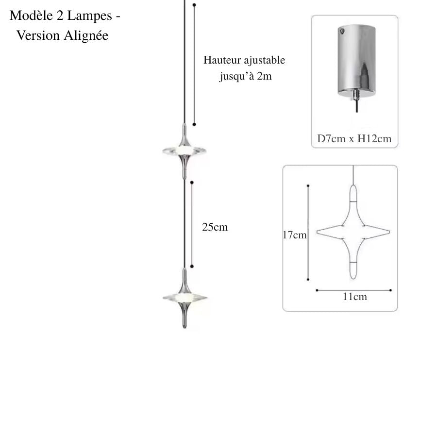 Deux suspensions étoile en cristal K9 alignées verticalement, avec finition chromée et silhouette design aérienne