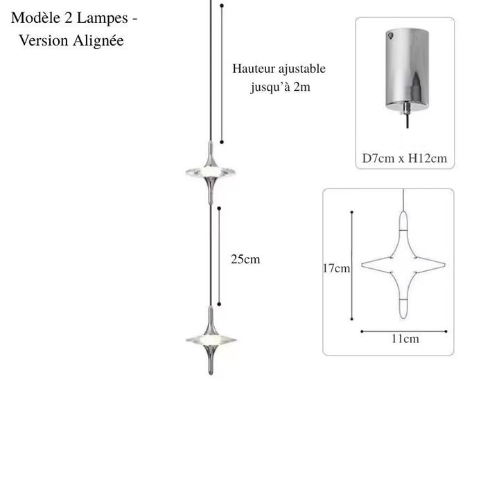 Deux suspensions étoile en cristal K9 alignées verticalement, avec finition chromée et silhouette design aérienne
