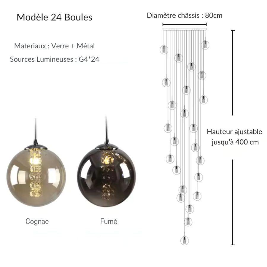 Suspension 24 boules en verre en cascade, modèle grande hauteur au design sculptural pour escalier
