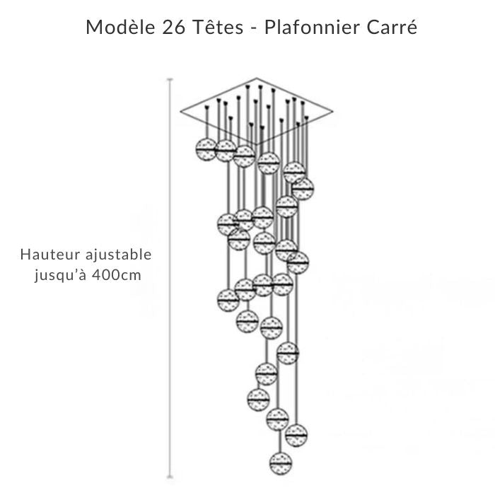 Suspension 26 têtes sur plafonnier carré, globes en verre bullé en cascade pour escalier et plafond très haut.