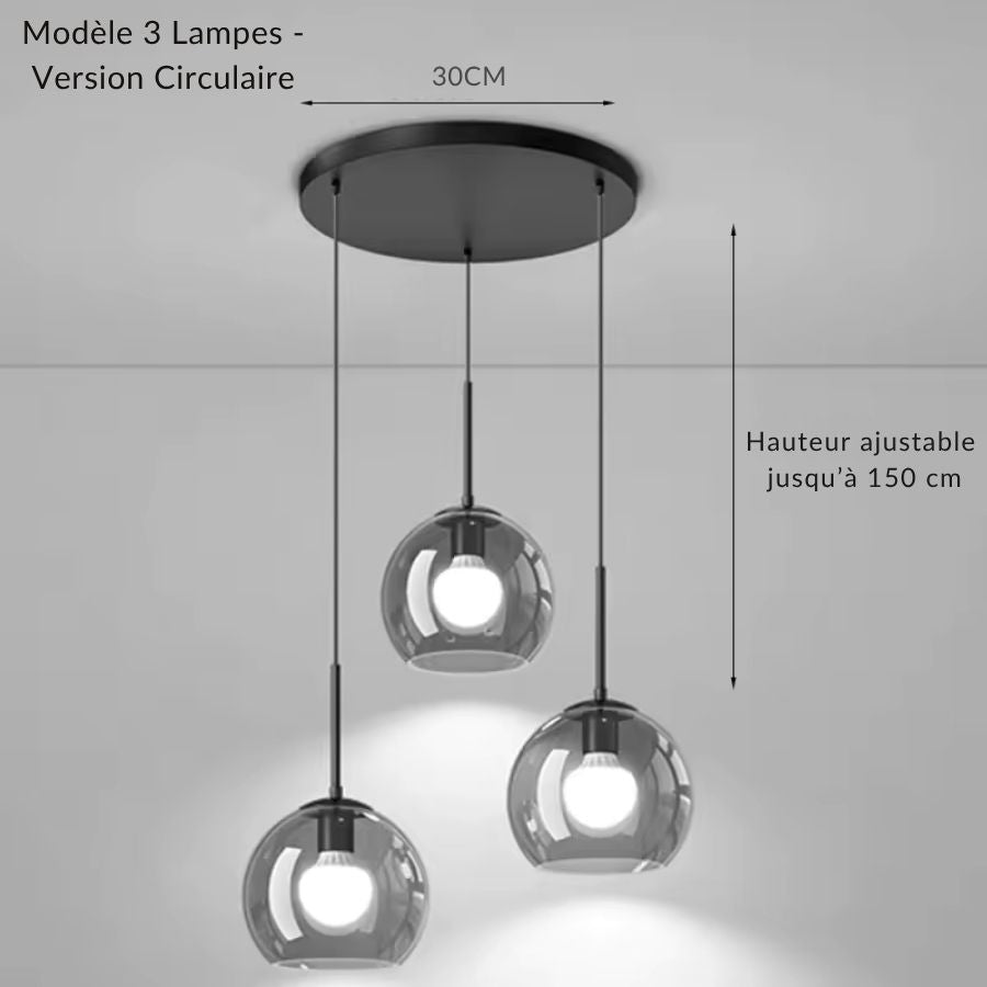 Version circulaire à trois globes en verre fumé disposés en cascade sous une rosace noire