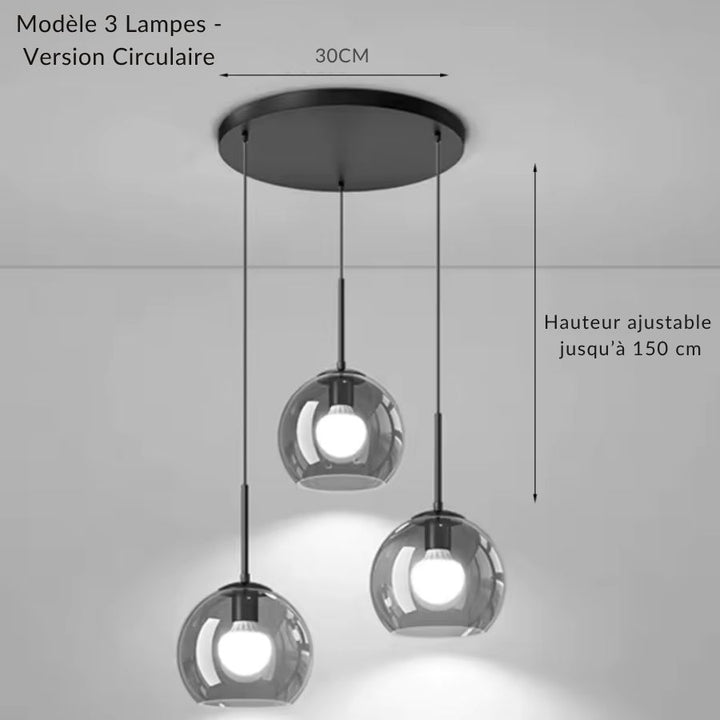 Version circulaire à trois globes en verre fumé disposés en cascade sous une rosace noire