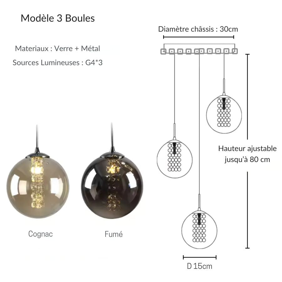 Suspension 3 globes en verre cognac ou fumé avec perles lumineuses, modèle compact contemporain