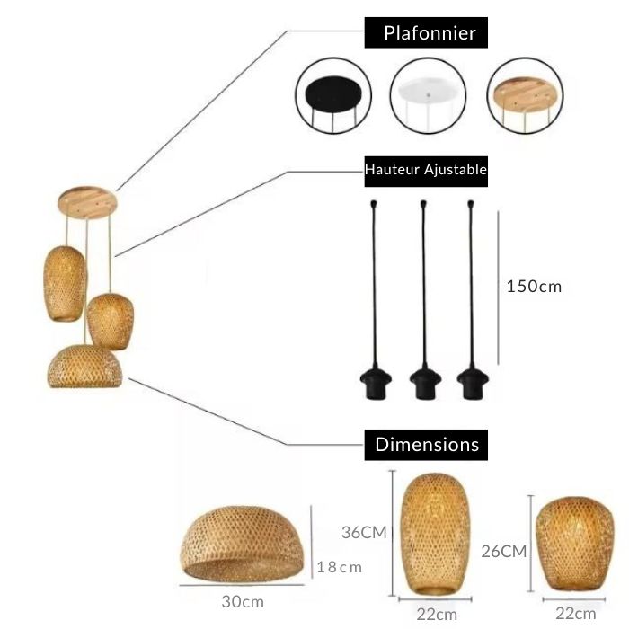 Caractéristiques techniques de la suspension 3 lampes en bambou, avec dimensions, types de câbles et finitions disponibles.