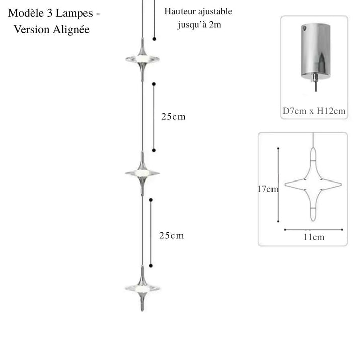 Alignement vertical de trois suspensions étoile en cristal K9 et métal chromé, au style graphique et futuriste