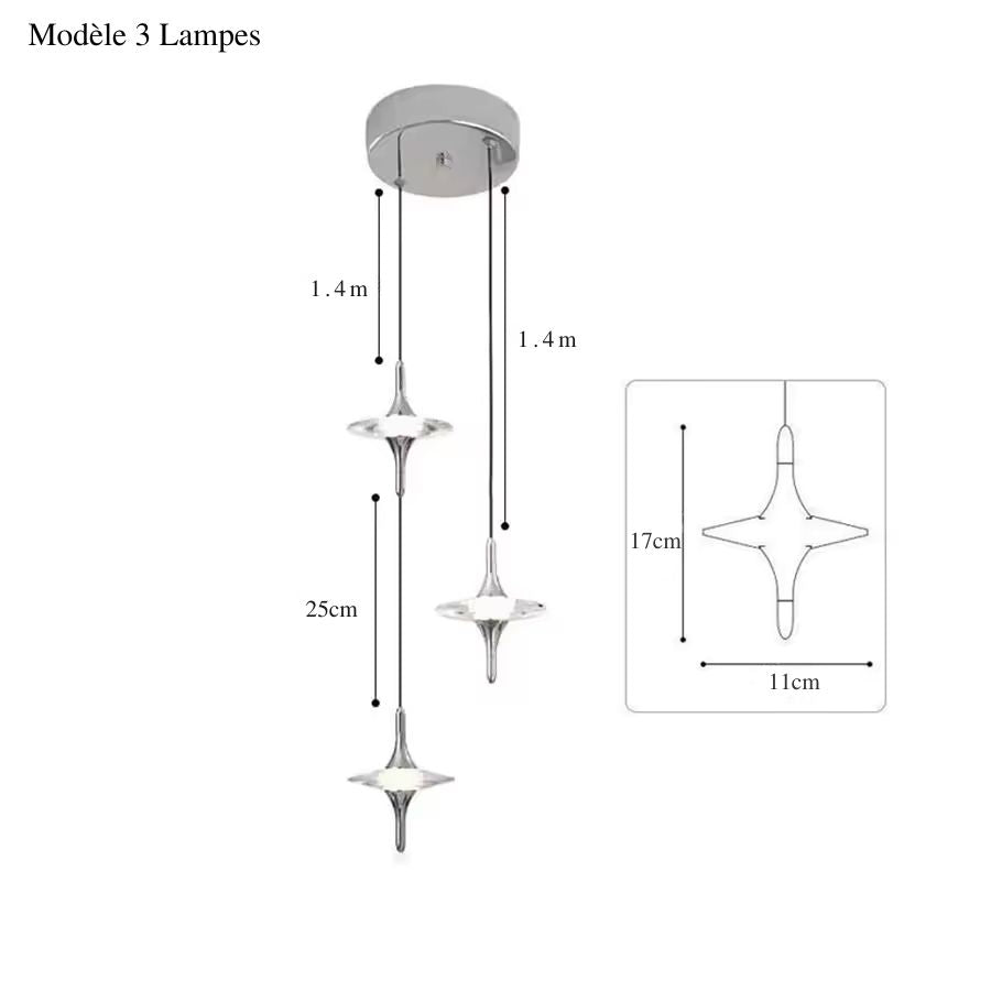 Composition de trois suspensions étoile en cristal K9 sur rosace chromée, au style contemporain et sculptural