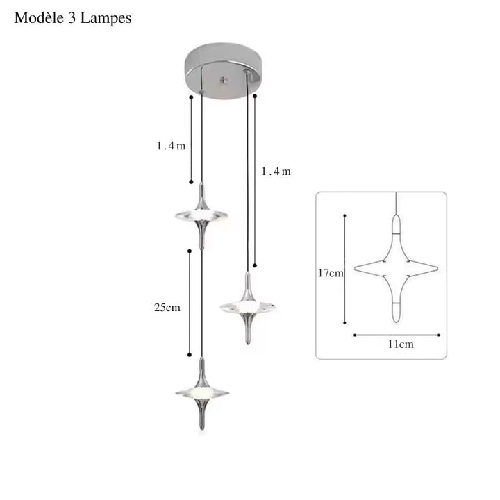 Composition de trois suspensions étoile en cristal K9 sur rosace chromée, au style contemporain et sculptural