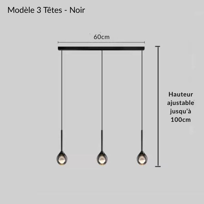 Suspension design noire à 3 lampes avec globes lumineux, idéale pour un intérieur moderne au style épuré et élégant.
