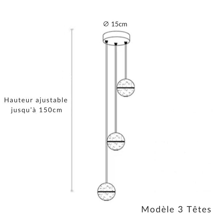 Suspension 3 têtes à globes en verre bullé sur platine Ø 15 cm, esprit contemporain et aérien.