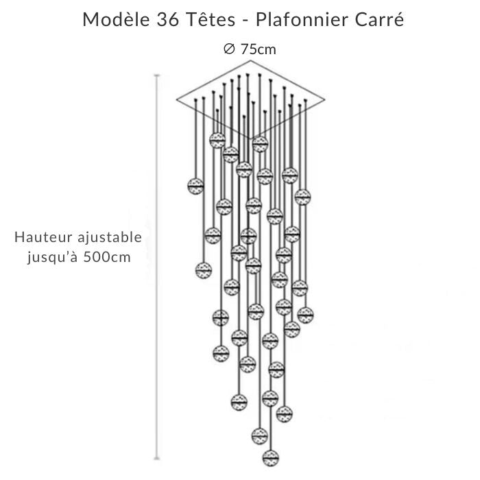 Suspension 36 têtes sur plafonnier carré Ø 75 cm, globes en verre bullé pour intérieur architectural haut de gamme.