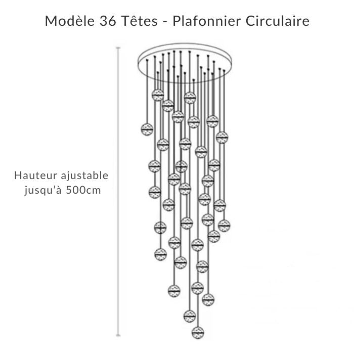 Suspension 36 têtes circulaire à globes en verre bullé, cascade lumineuse idéale pour escalier monumental.