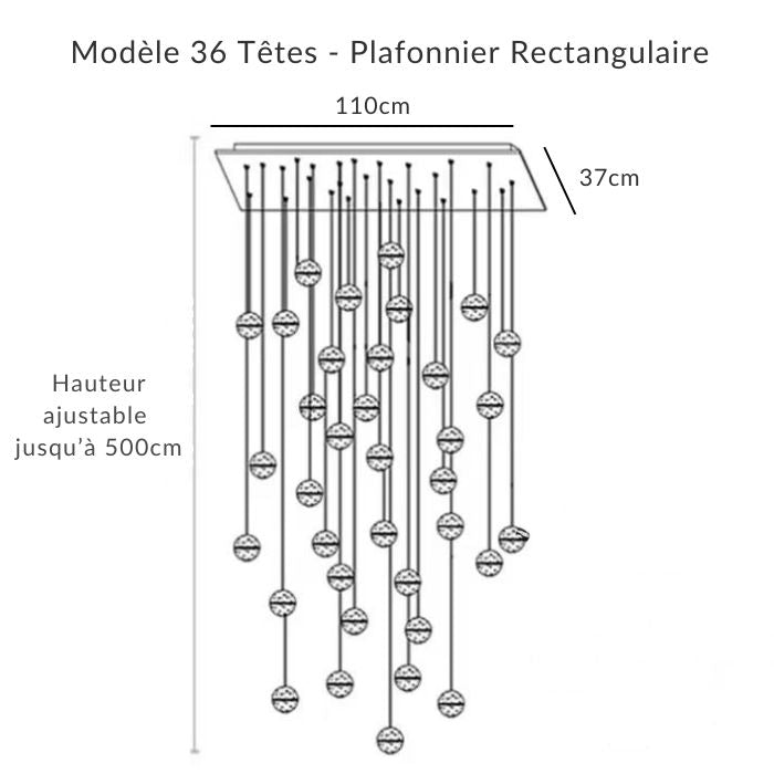 Suspension 36 têtes rectangulaire 110 × 37 cm, globes en verre bullé pour grand volume et plafond cathédrale.