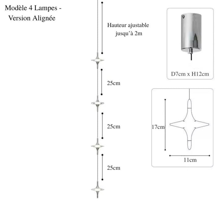 Quatre suspensions étoile en cristal K9 disposées en ligne verticale, pour un rendu moderne, élancé et lumineux
