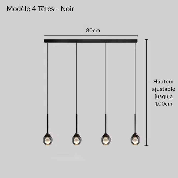Suspension linéaire noire à 4 lampes avec globes design, idéale pour un intérieur contemporain et un éclairage élégant de salle à manger.