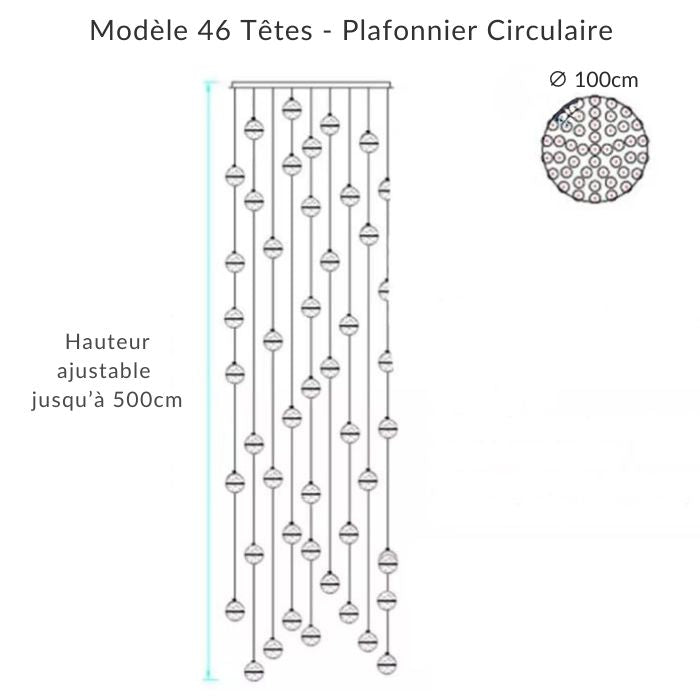 Suspension 46 têtes circulaire Ø 100 cm, globes en verre bullé en cascade pour escalier XXL et volume vertical.