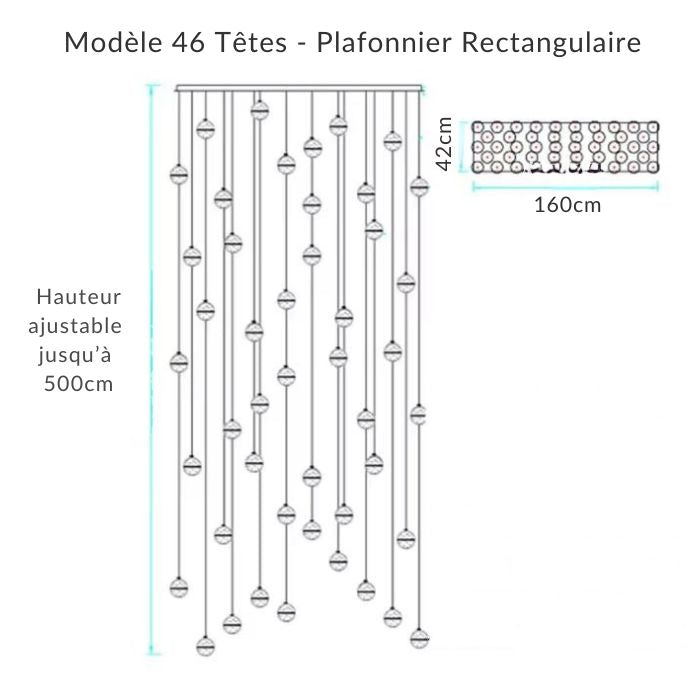 Suspension XXL 46 têtes rectangulaire 160 × 42 cm, globes en verre bullé pour plafond très haut et grand espace.