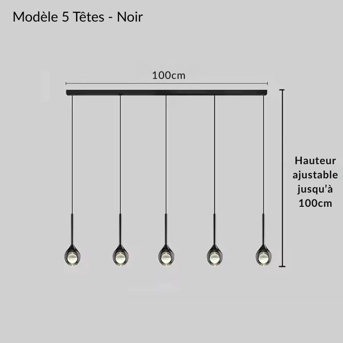Suspension moderne à 5 têtes avec globes lumineux, style minimaliste et raffiné pour illuminer un îlot, un salon ou une longue table.