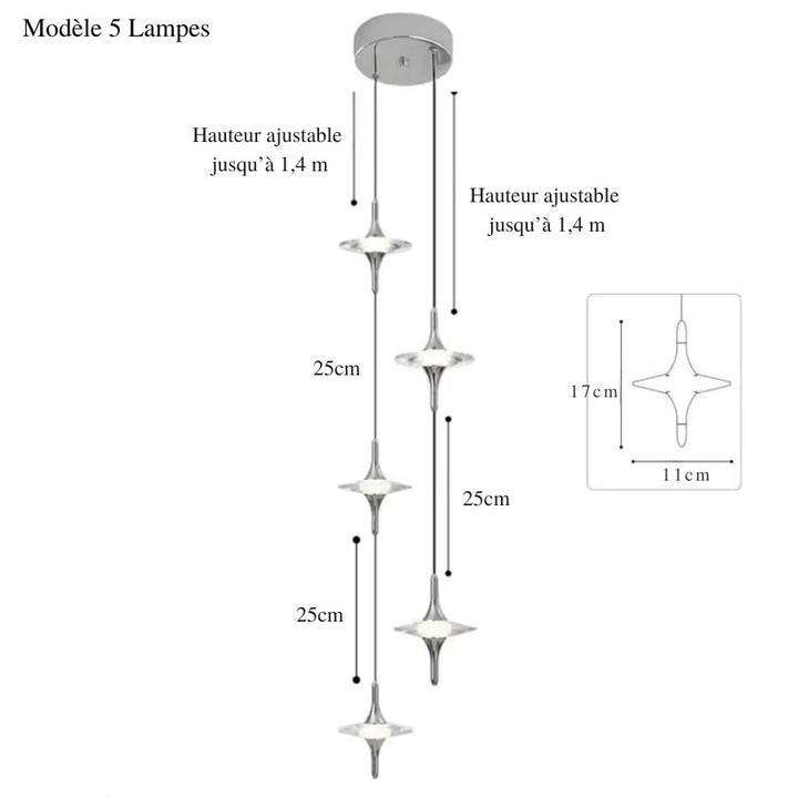 Ensemble de cinq suspensions étoile en cristal K9 et métal chromé, en cascade au design contemporain raffiné
