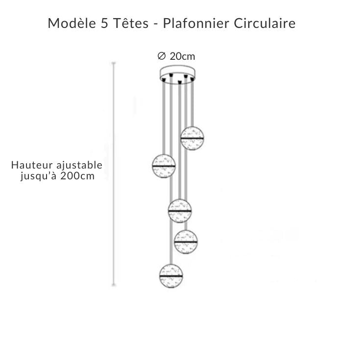 Suspension 5 têtes circulaire Ø 20 cm, globes en verre bullé, ambiance élégante et contemporaine.