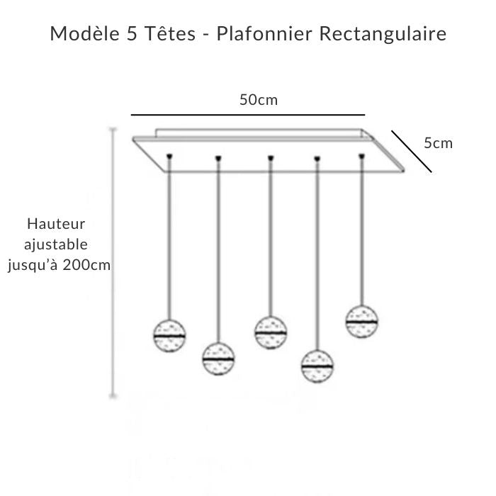 Suspension 5 têtes rectangulaire 50 cm, globes en verre bullé, look design moderne pour îlot ou table.