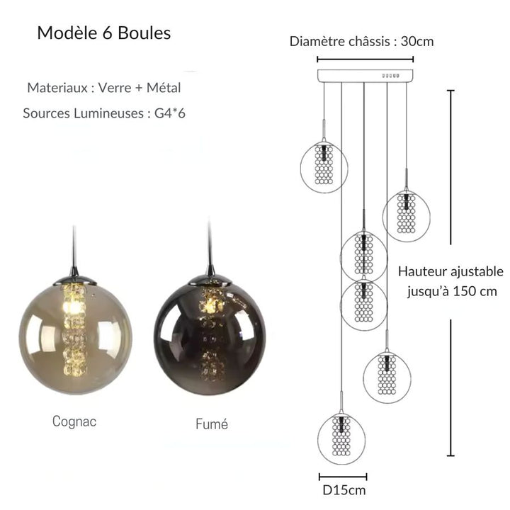 Suspension 6 globes en verre disposés en cascade, avec perles lumineuses et hauteur réglable