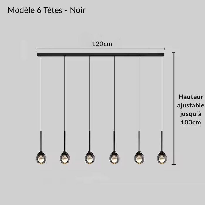 Suspension design noire à 6 têtes avec globes lumineux, parfaite pour un intérieur contemporain recherchant une ligne élégante et graphique.