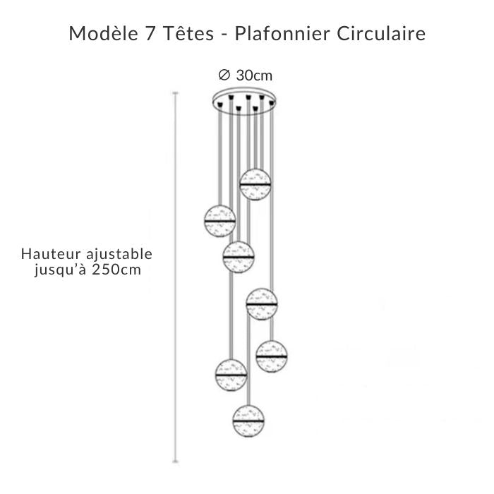 Suspension 7 têtes circulaire Ø 30 cm, globes en verre bullé, style luxe discret et lumineux.