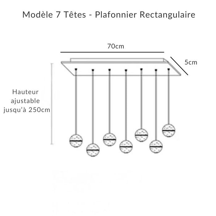 Suspension 7 têtes rectangulaire 70 cm, verre bullé, composition graphique idéale pour plafond haut.