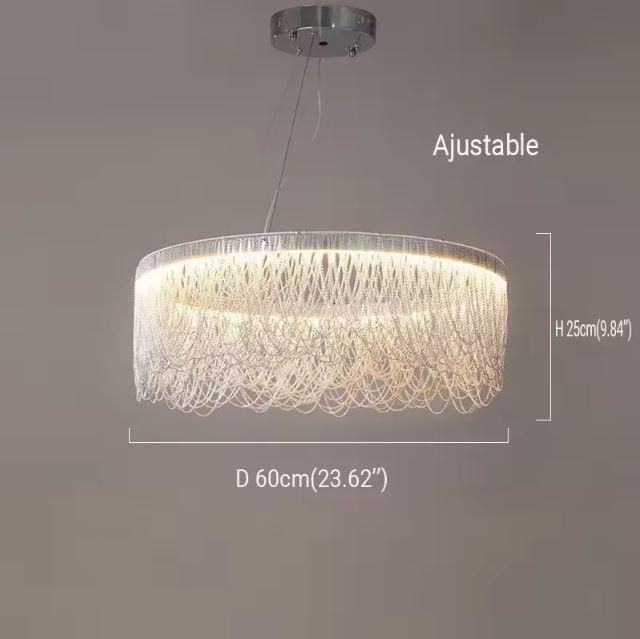 Suspension à pampilles circulaire au diamètre de 60 cm avec taille ajustable, idéale pour un intérieur moderne et élégant.