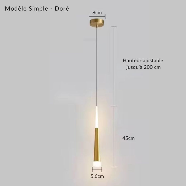 Modèle simple doré de la suspension aiguille LED avec corps effilé de 45 cm et hauteur réglable jusqu’à 200 cm