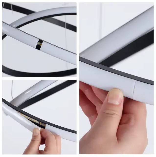 Détails de la suspension anneau LED montrant le montage simple et l’intégration discrète des bandes lumineuses.