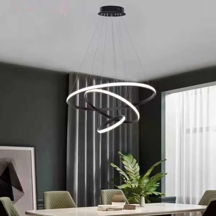 Suspension anneau LED noire au design moderne et minimaliste, mise en valeur par une plante verte pour une ambiance naturelle et chic.